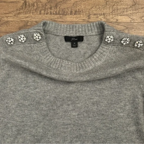 $118 J. Crew Crewneck Sweater with Jeweled Buttons Wool blend, Gray, M, Medium - Picture 8 of 11